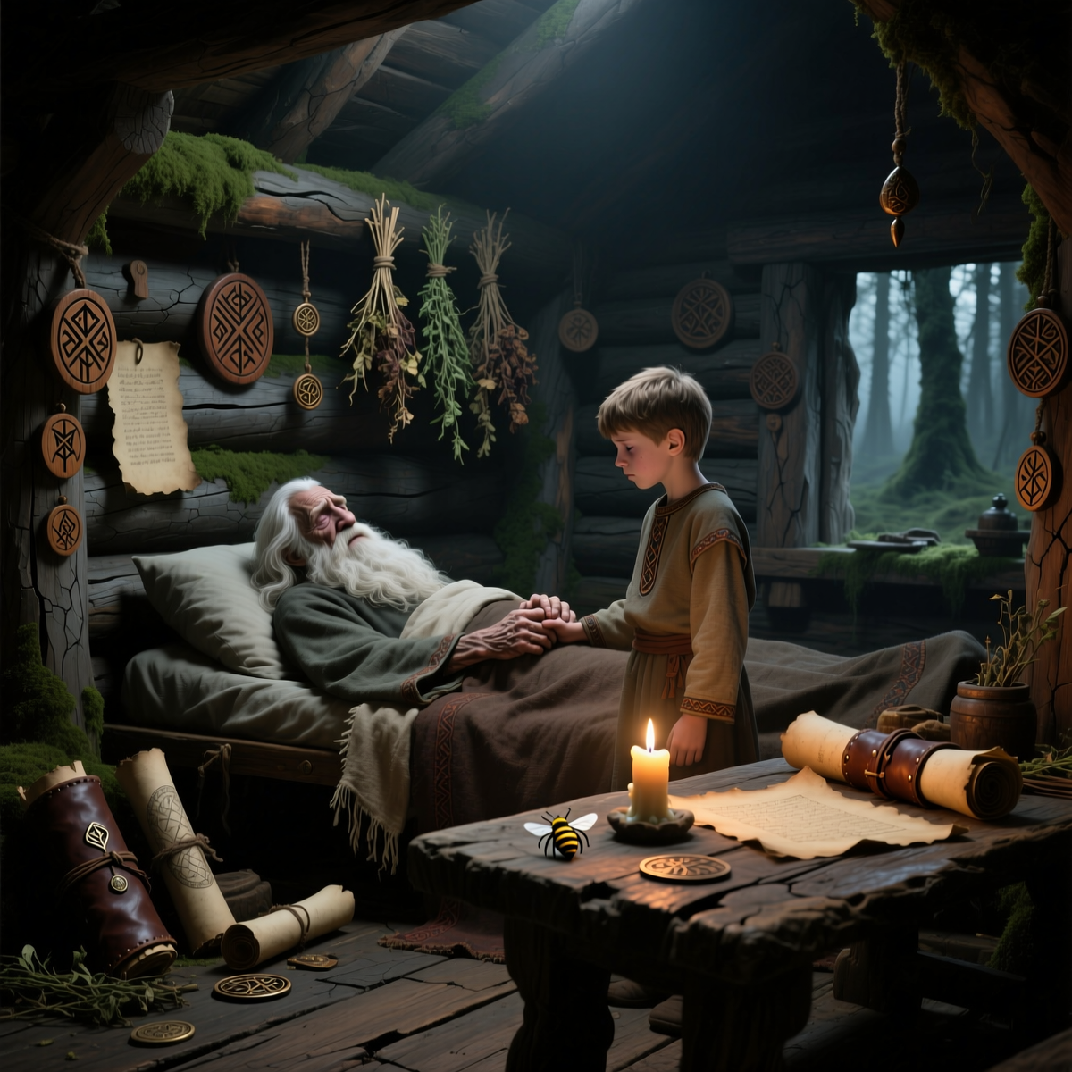 Вещий передает знания внуку.