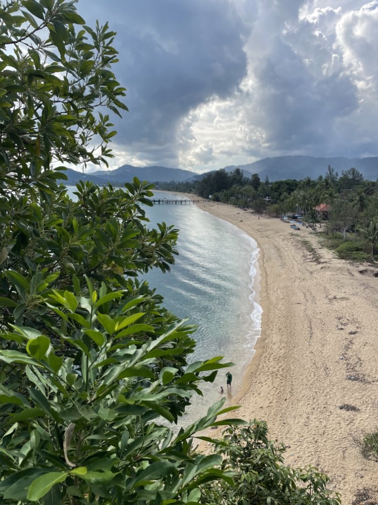 Эти два человечка внизу - это Саша и мой муж Вова. Пляж Майнам,  остров Самуи, Тайланд, январь, 2023. Рядом с пирсом наш аутентичный отель, утопающий в зелени, на первые три дня, чтобы прийти в себя после такой  долгой поездки.