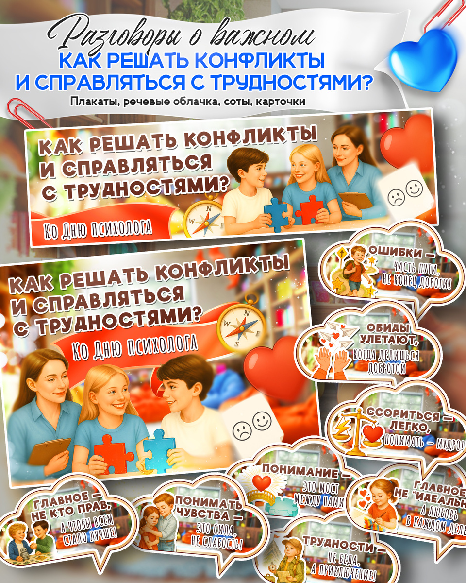 Плакаты, речевые облачка к «Разговоры о важном». Тема: «Как решать конфликты и справляться с трудностями? Ко Дню психолога».