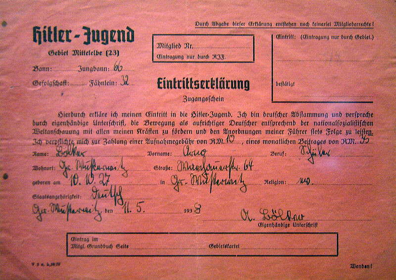 Заявление о вступлении в Гитлерюгенд
