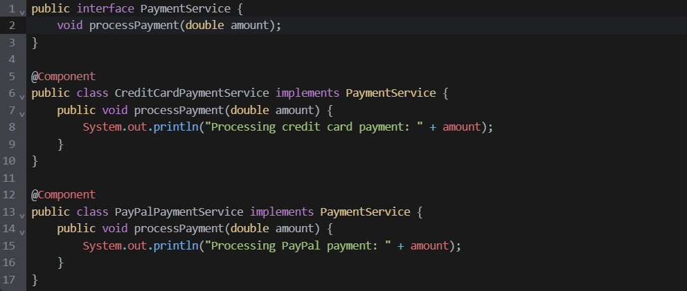 Рисунок: пример интерфейса PaymentService и его реализаций