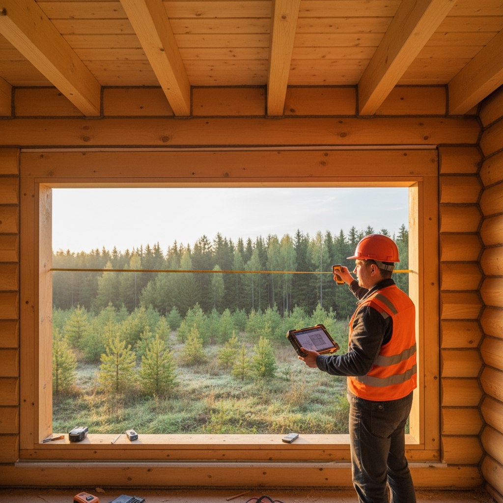 Обследование и замер окон в загородном доме: инженер фиксирует размеры проёмов перед проектированием остекления.