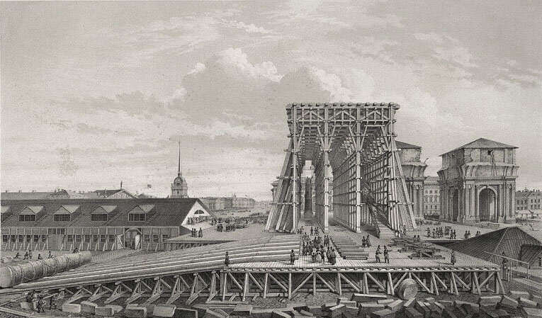 Установка первой колонны северного портика в присутствии Императора и Императрицы в марте 1828 г