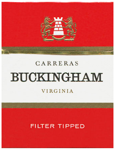 "Buckingham" Filter Tipped. Великобритания, 1960-е годы. 20 штук, с фильтром, в коробке с откидывающейся крышкой и в целлофане. Производитель: Carreras Ltd., Лондон. Владелец торговой марки: Carreras Ltd.