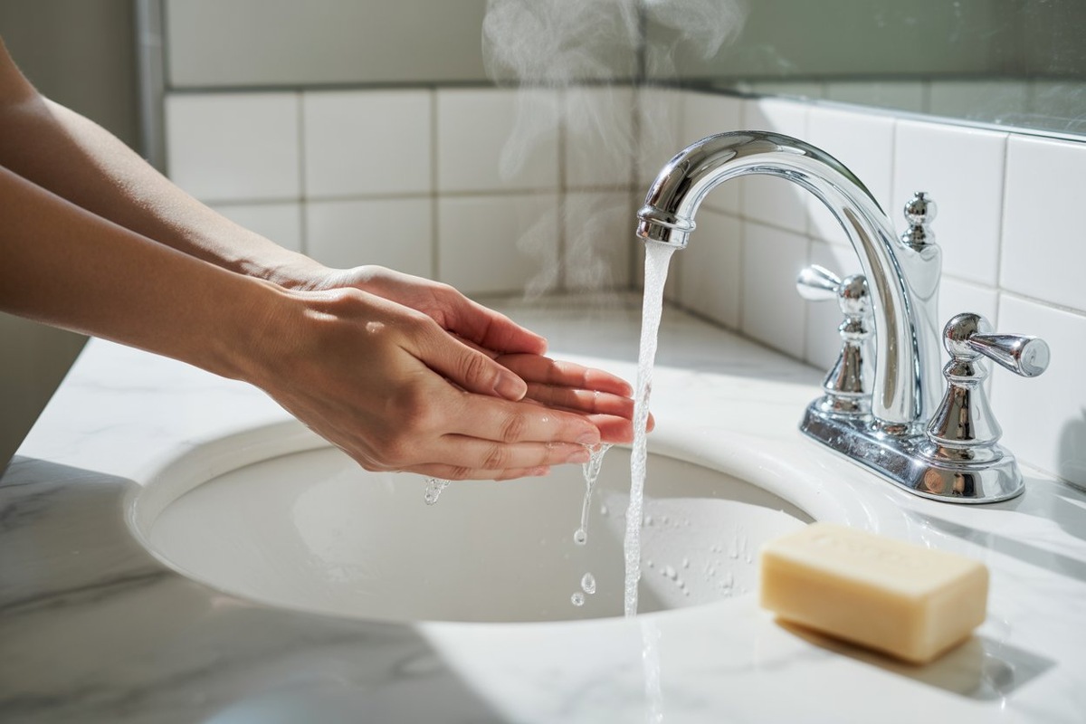 Частое мытьё горячей водой и агрессивное мыло смывают защитный слой кожи и вызывают сухость рук.