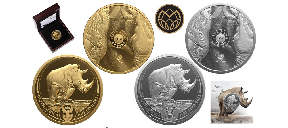    Золотые и серебряные монеты ЮАР с изображением носорога серии Большая пятерка 2025