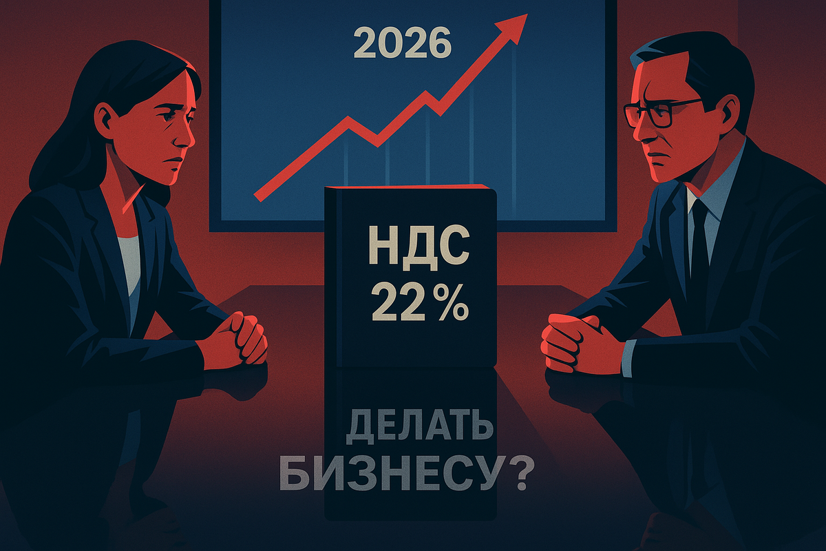 Иллюстрация к новому «налоговому сериалу»: бизнесмен удивлённо читает внезапно подросшую ставку НДС. Между тем ставка 22% уже прописана в законопроекте – и играет роль тех самых «сюрпризов под ёлку». Согласно проекту, базовая ставка НДС (п. 3 ст. 164 НК РФ) меняется с 20% на 22%, и она будет применяться ко всем операциям с товарами, услугами и имущественными правами, переданными с 01.01.2026. При этом льготных или поэтапных правил по НДС проект не содержит – повышается всё до копейки.