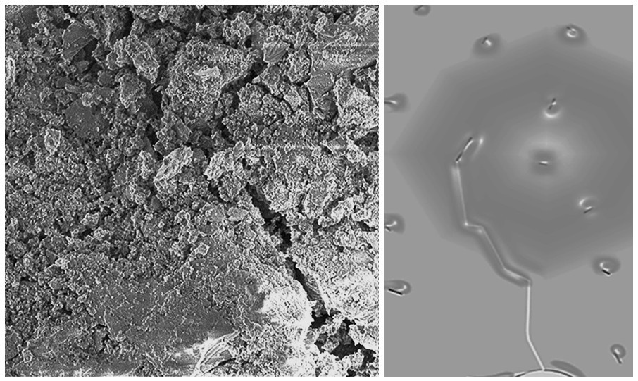 Сравнительные изображения выявленного экспериментально роста трещины и визуального моделирования процесса разрушения бетона, модифицированного оксидом графена. Источник: Валерий Лепов