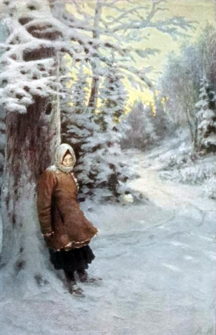 Фототипия из собрания открыток. Иллюстрация М. Г. Малышева к «Морозко» Некрасова. Неизвестный фотограф. 1910-е гг.