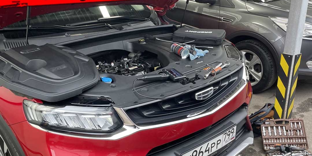 Эндоскопия китайского мотора на автомобиле Geely Tugella с пробегом.
