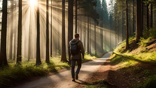 человек идет по лесной тропе, в руке амулет