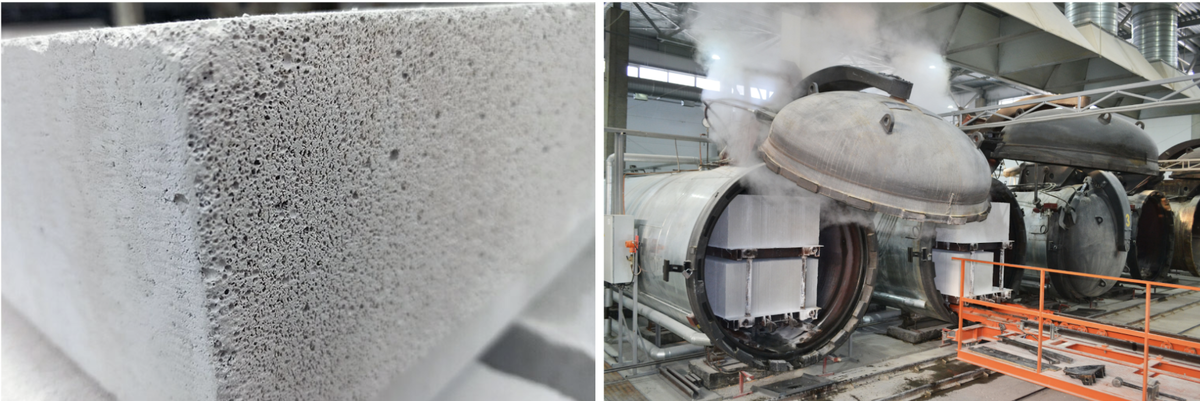 Слева — пористая структура газобетона. Справа автоклав — это большая герметичная камера, в которой материалы обрабатывают под высоким давлением и температурой насыщенного водяного пара.