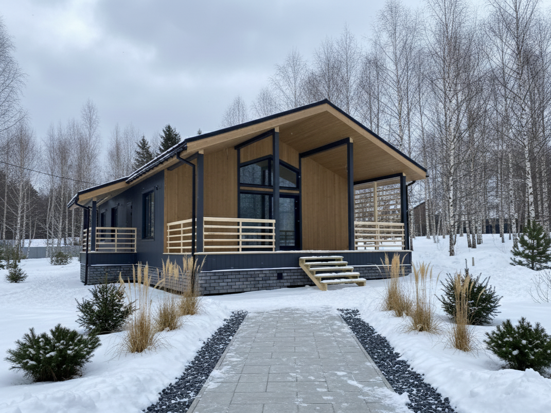 Построенные дома с комбинированной отделкой фасада от СК "Дачный Сезон"