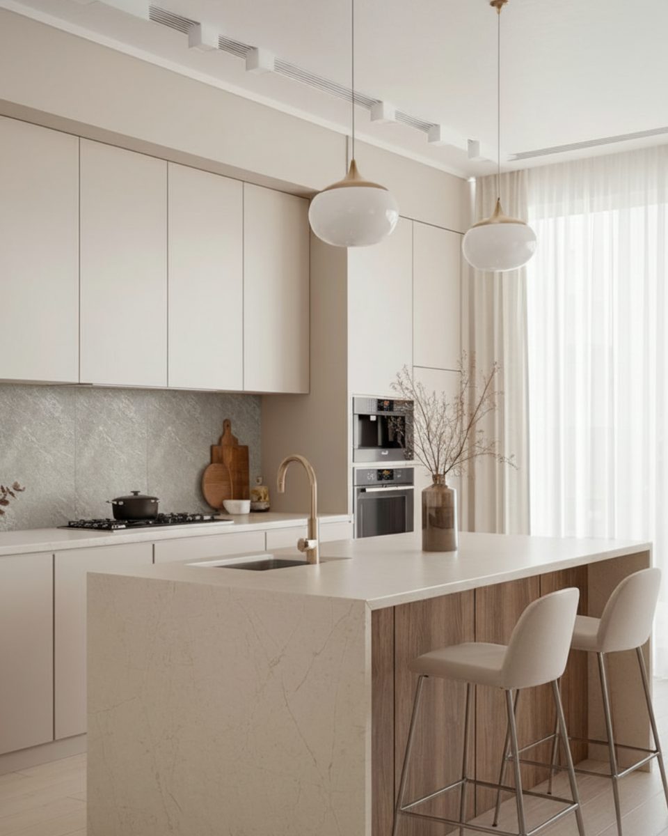 Пример интерьера со скрытым потолочным карнизом. материал фартука - гибкие самоклеящиеся панели VEROL. Артикул на WB: 360424456.