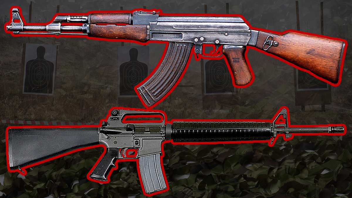 Коллаж: Сравнение автоматов АК-47 и М-16