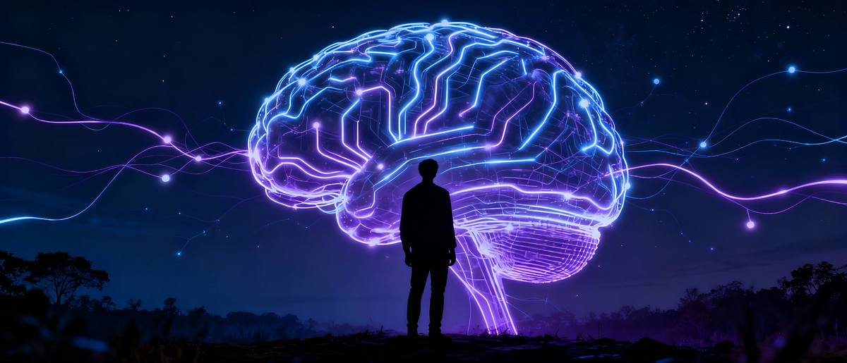 Силуэт человека перед загадочным цифровым мозгом - мистическая визуализация искусственного интеллекта, новых технологий и тайн нейросетей в ночной атмосфере.