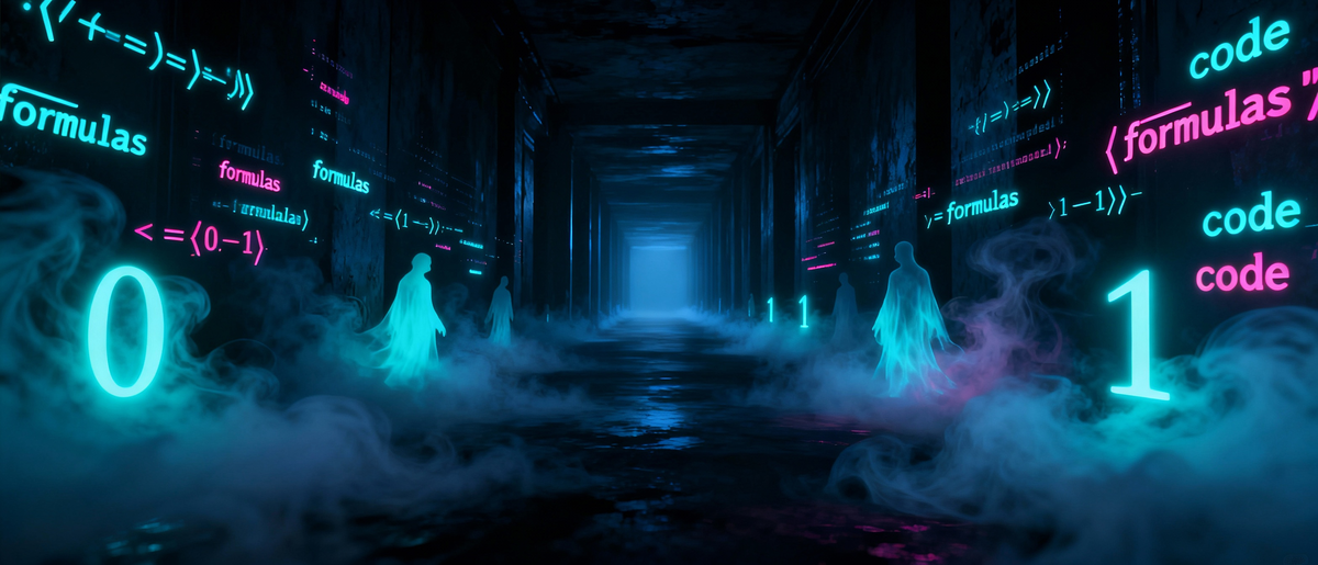 Тёмный коридор с таинственными призраками цифрового кода, визуализация абстрактных алгоритмов и атмосфера загадки искусственного интеллекта.