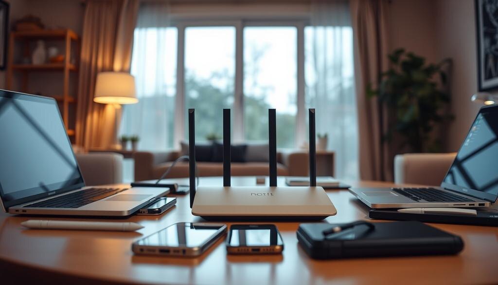    Изображение, показывающее роутер на фоне уютной квартиры.