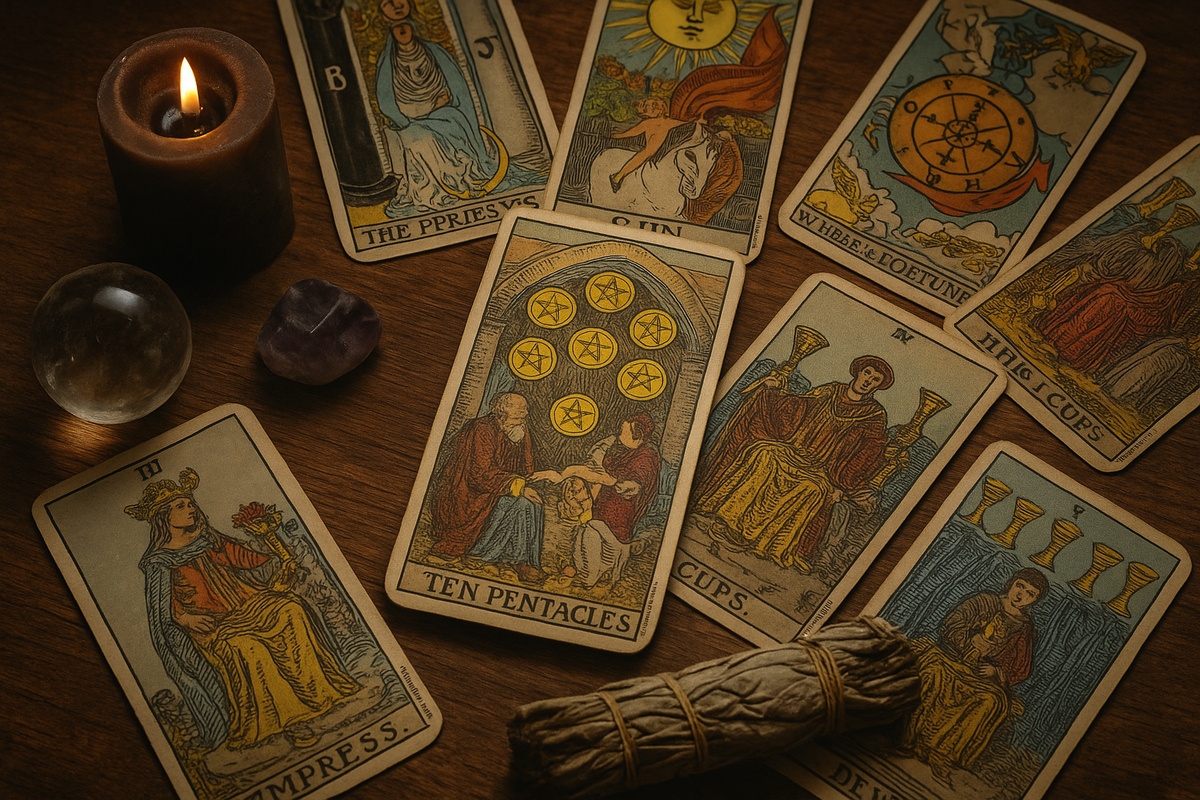Карта Таро 10 Пентаклей: гармония дома, прочная система ценностей и уверенность в будущем.
