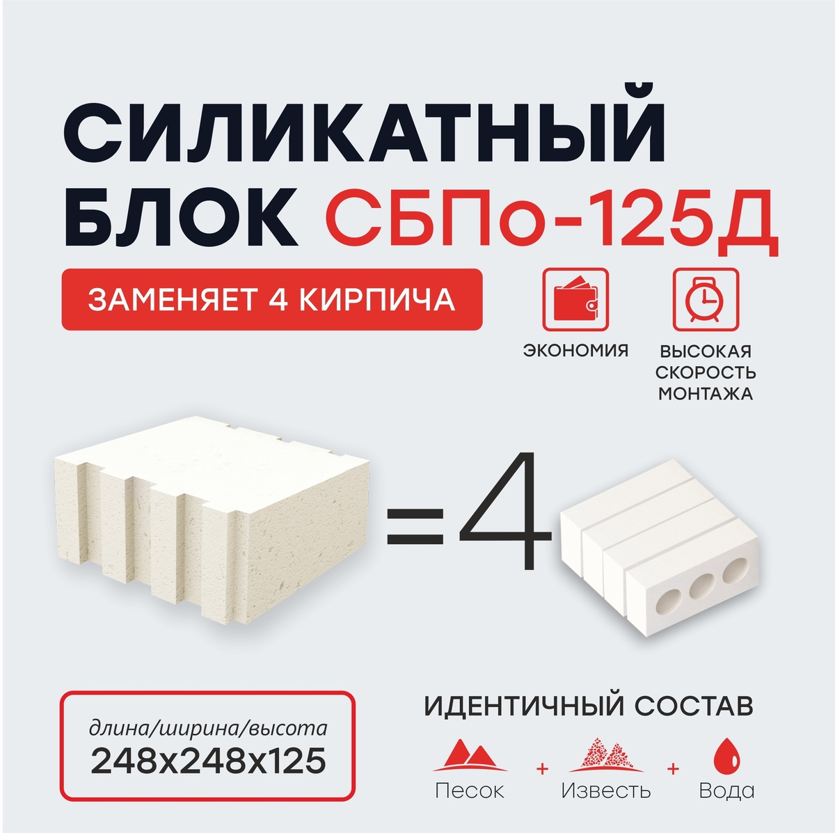 Полнотелый блок для строительства заменяет четыре кирпича