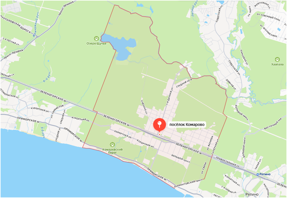 Посёлок Комарово на карте Ленинградской области.