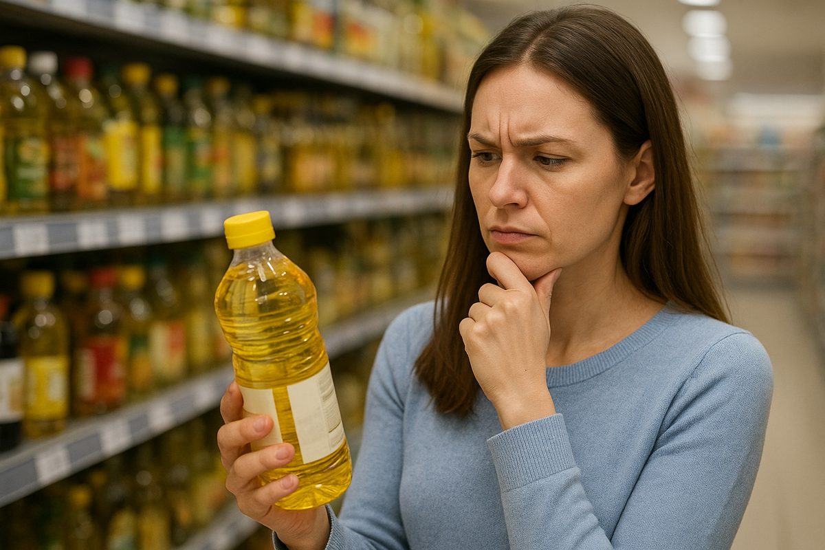 Женщина смотрит на бутылку растительного масла с сомнением