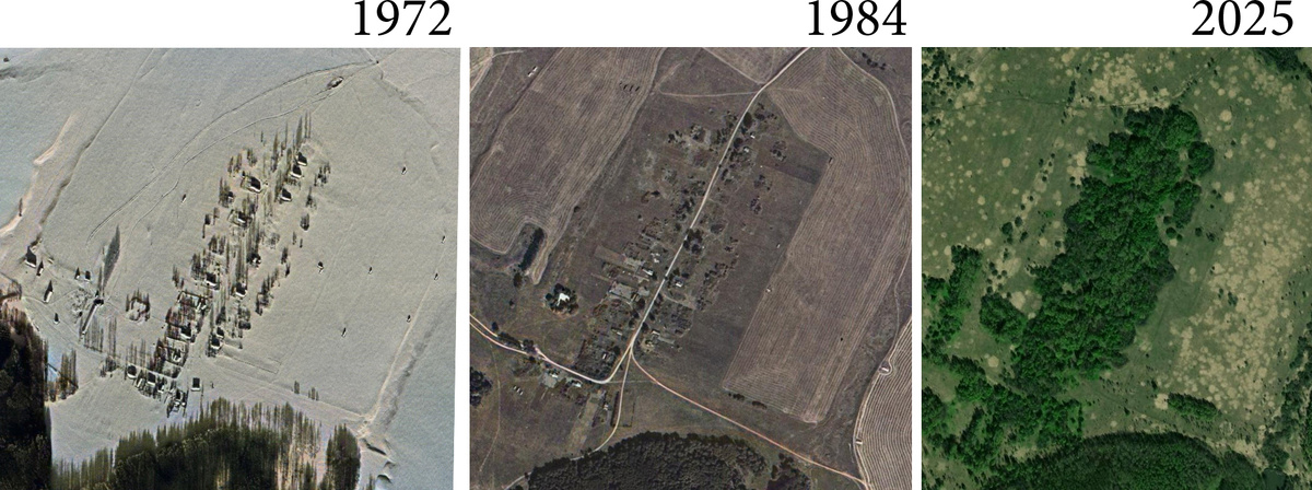 Ретроспектива: посёлок в 1972, 1984 и 2025 годах. Дополнительная сложность для исследования состоит в том, что на месте практически не осталось ориентиров. Источник: USGS.gov