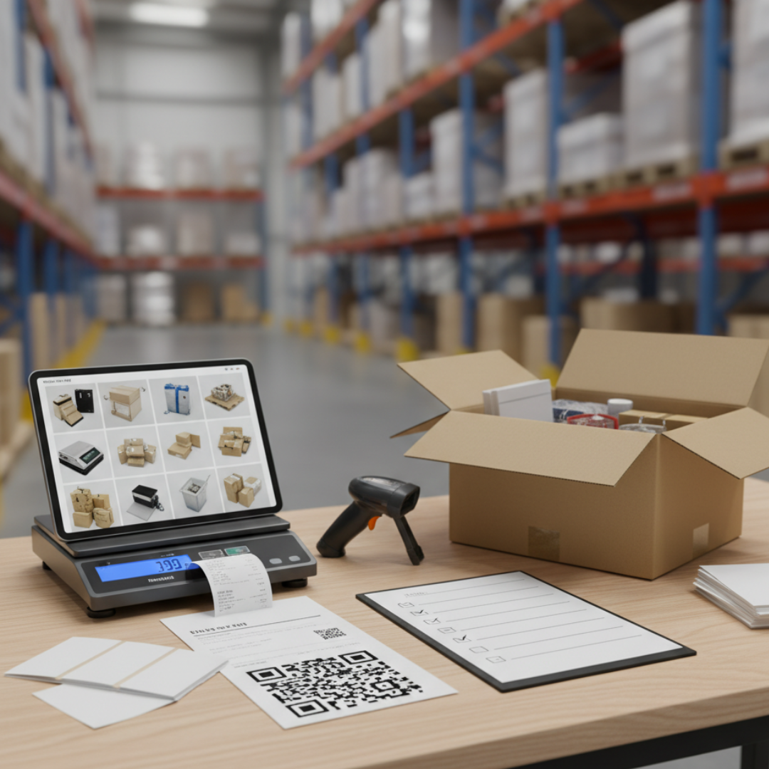 Рабочее место фулфилмента: весы, чек-лист, маркировка и упаковка товара на складе