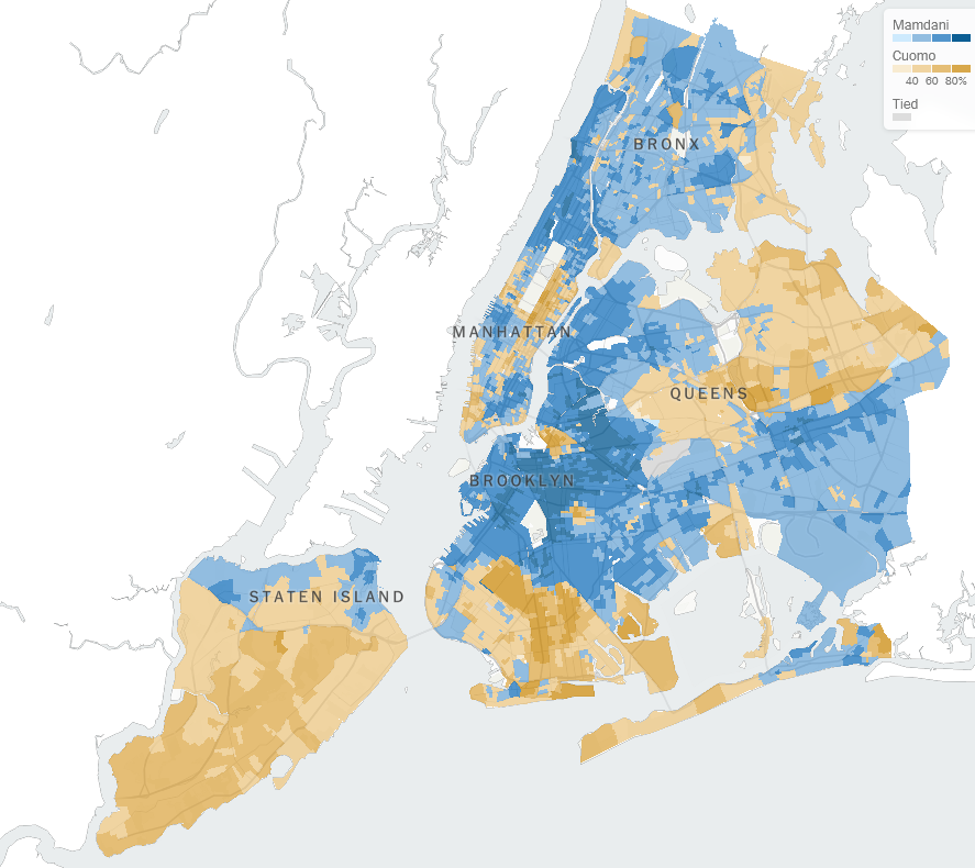 Карта результатов выборов мэра в Нью-Йорке по кварталам
