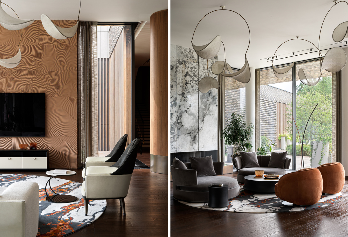 Гостиная. Облегчённые портьеры на электрокарнизах — Decortier. Проект Decortier x Borosa. 