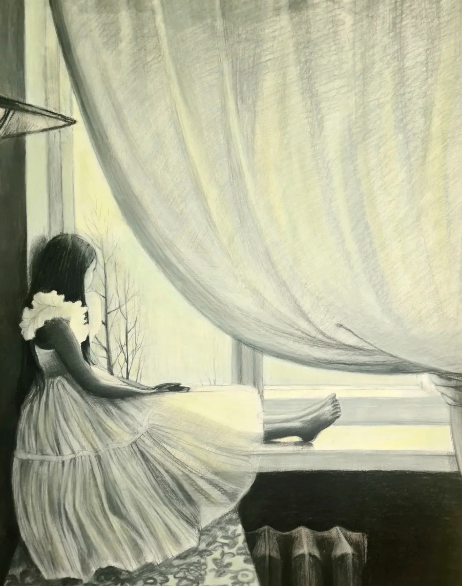 Исчезнет на рассвете | уголь, бумага, 60 х 80 см, 2023 год