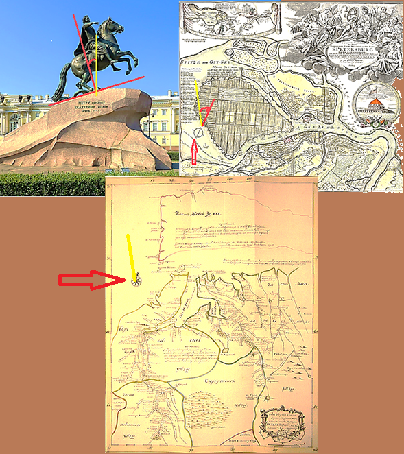 Лошадь "Медного всадника" неестественно вздыблена из-за угла между горизонтами нынешним и прежним верхним. Такой же угол и между направлениями на нынешний географический полюс (жёлтая линия) и на полюс верхний по карте Петербурга И. Хоманна ещё около 1724 года. Внизу - карта Ж. Делиля устья Оби и Новой Земли по результатам его экспедиции в 1740-м году для Российского Атласа. Желтая линия нынешнего направления на Север означает, что и Ж. Делиль зарисовывал с натуры верхние геомассивы с контурами Новой Земли, как растянувшегося над океаном облака. Но угол уже меньше, означая в это время как раз завершение процесса оседания верхнего континента Тартарии.
