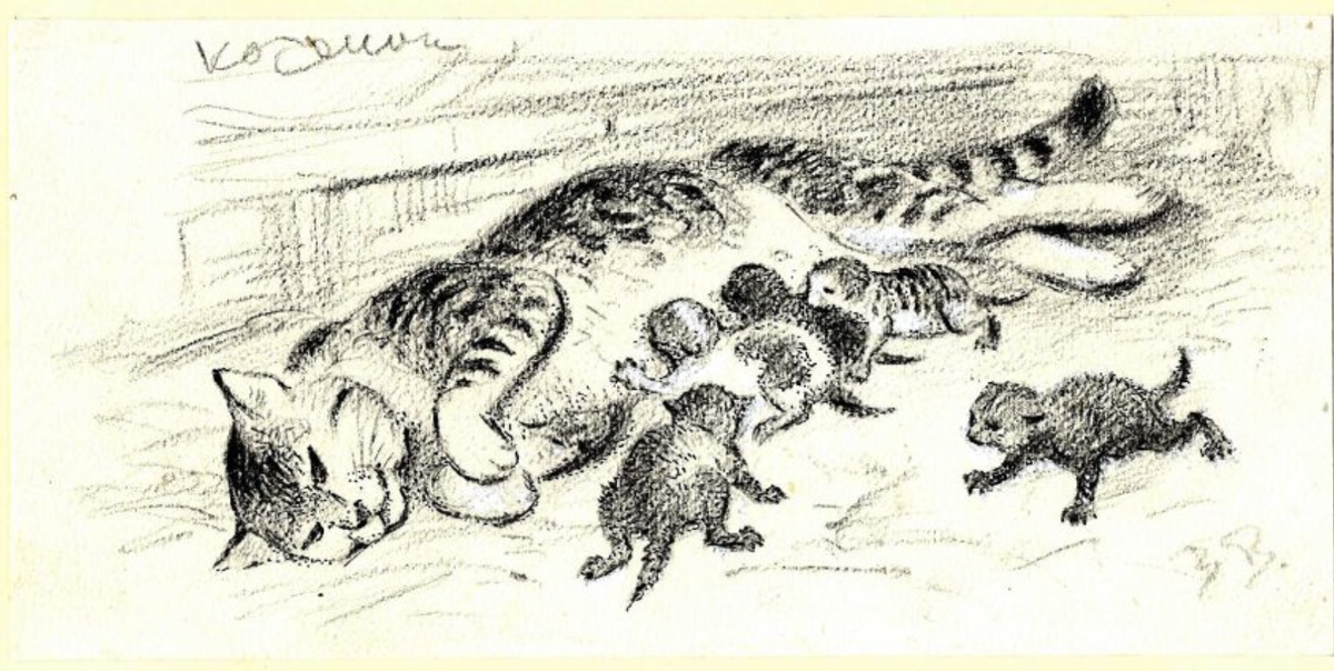 Ватагин Василий Алексеевич. Иллюстрация к рассказу Толстого о животных "Котенок". Лежит кошка, около нее пять котят, 1930-е