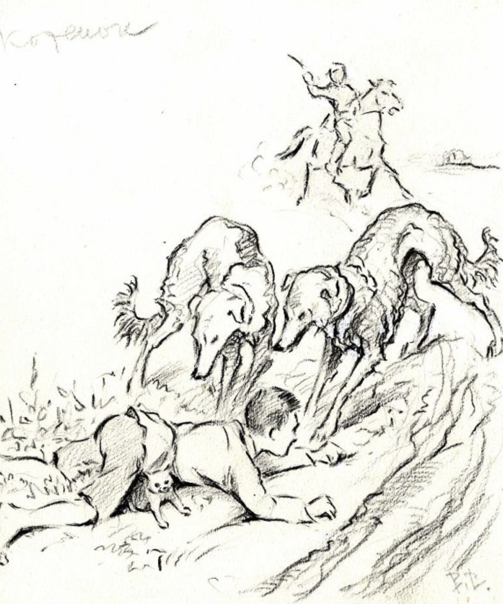 Ватагин Василий Алексеевич. Иллюстрация к рассказу Толстого о животных "Котенок". Вася упал животом на котенка, 1930-е