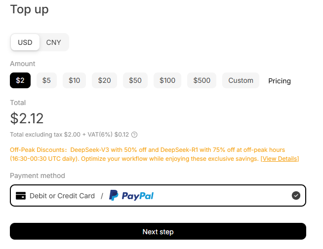 Пополнение баланса на платформе Deep Seek Platform