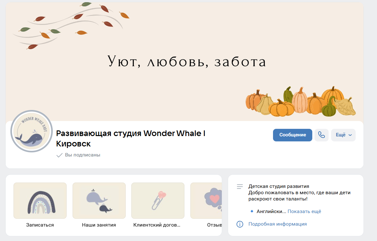 Шапка страницы детской студии в VK. (Источник: https://vk.com/babywhalee)