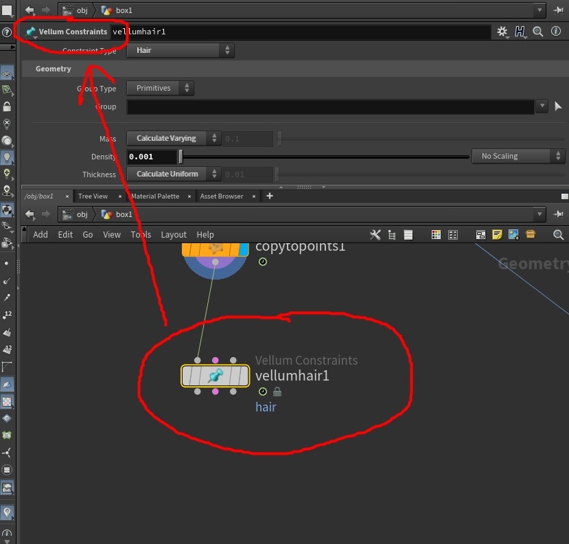 Нода Vellum Hair является на самом деле нодой Vellum Constraints, что видно в названии ноды. И поэтому можно судить о том, что данная нода Vellum Hair является всего лишь пресетом в сложной структуре эффектов ноды Vellum Constraints.