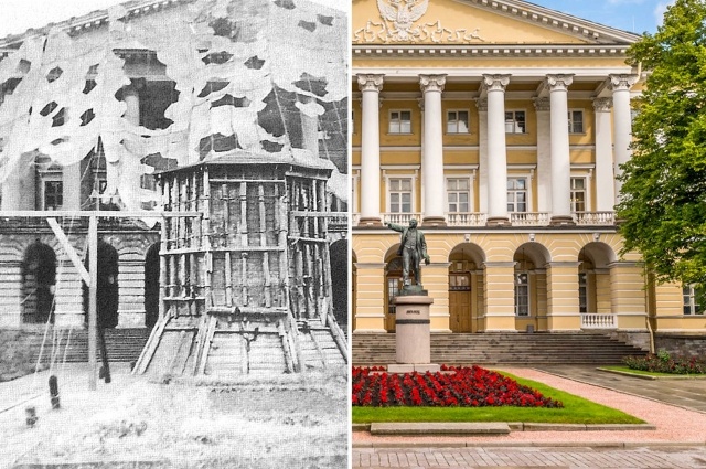 Смольный. Фотография слева - во время блокады Ленинграда, справа - обычный вид. 