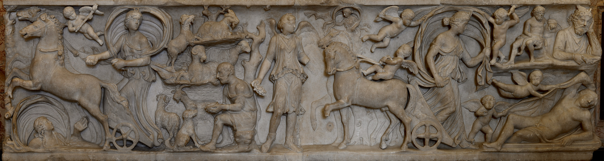 Богиня Селена ведёт лунную колесницу (фрагмент римского саркофага с мифом о спящем Эндимионе, III в. н.э.). 