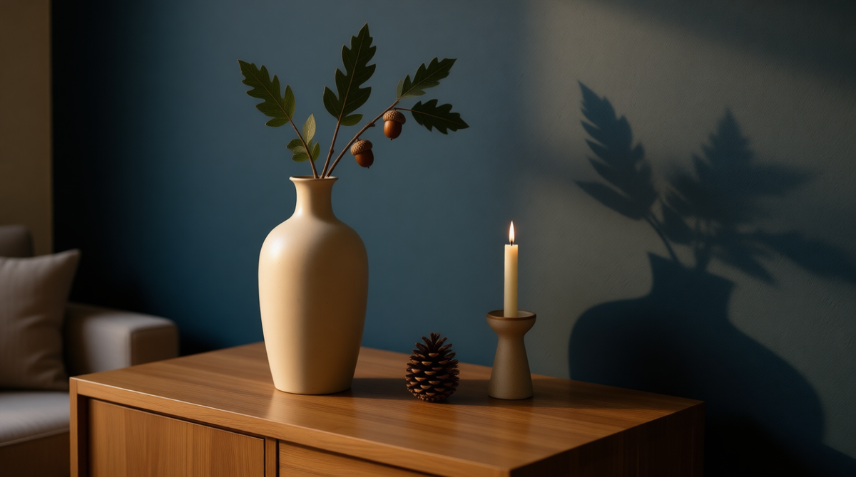 Иногда лучший декор — это просто ветка, поставленная в вазу. Дубовые ветки с желудями принесут в дом графику, стойкость и ту самую ноябрьскую благородную строгость.