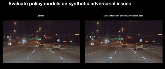 Слева реальное видео с рандомной камеры владельца Tesla, справа смоделированная ситуация в World Simulator, когда водитель белой машины резко решил заехать за хлебом.