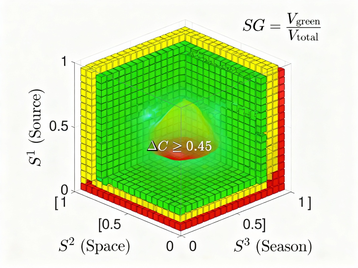 S¹×S²×S³ как трёхмерная система координат с явными критериями (ΔC ≥ 0.5, Post ≥ 0.40, RF ≥ 0.3). Зелёные вокселы как достоверная область.