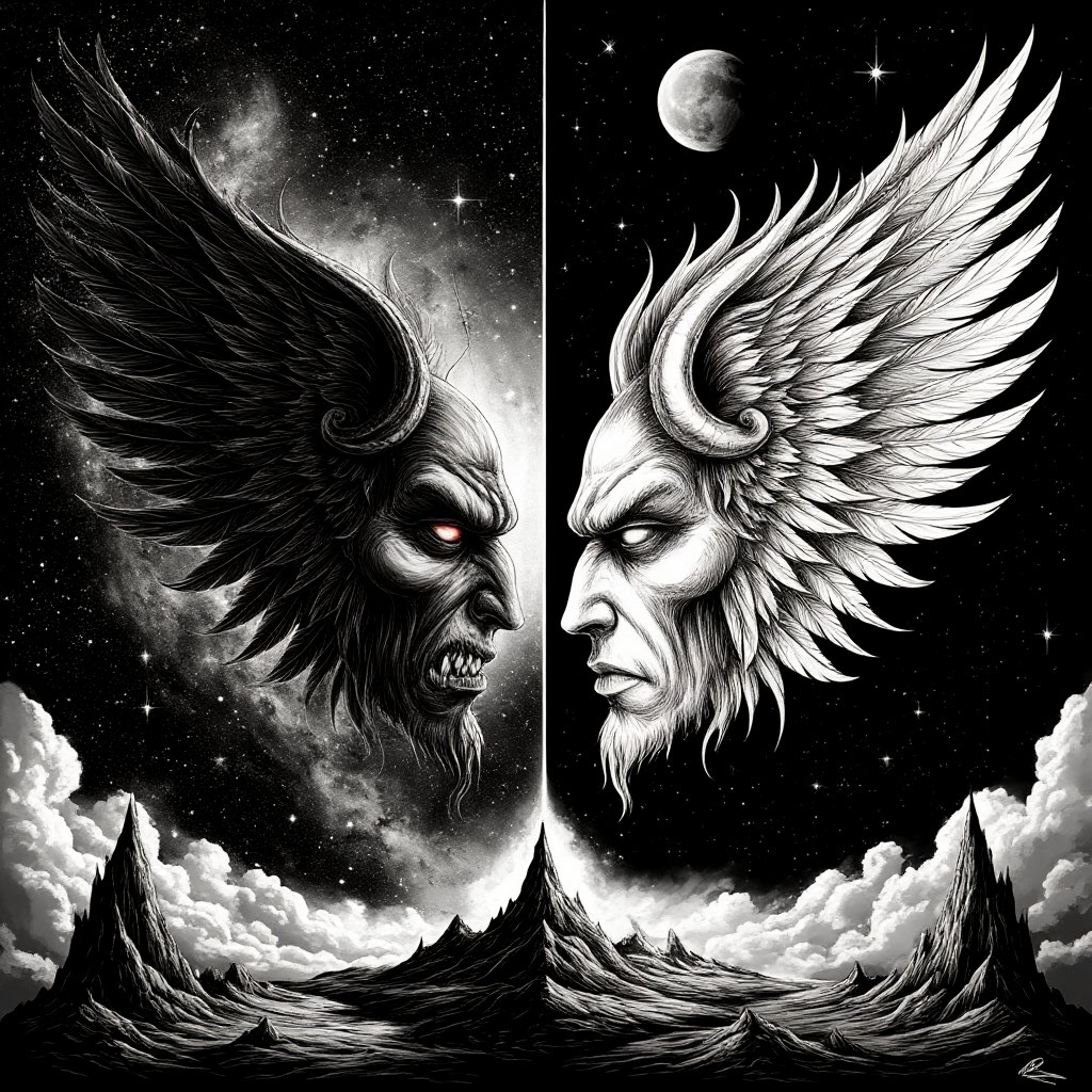 Сгенерировано ИИ- зло и добро , черное и белое во Вселенной.