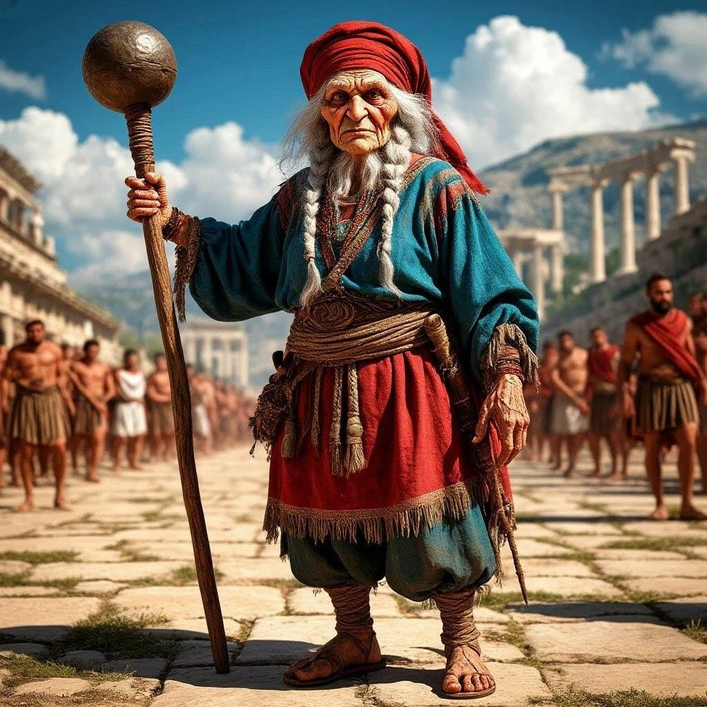 Так ИИ видит Бабу Ягу на древнегреческих Олимпийских играх. Сгенерировано по запросу автора