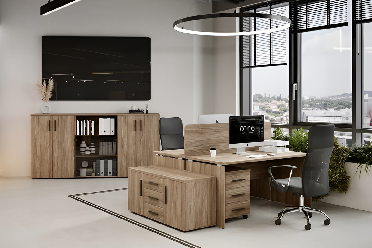 С помощью стеллажей и шкафов организуйте рабочее пространство и четко выделите необходимые кабинеты.