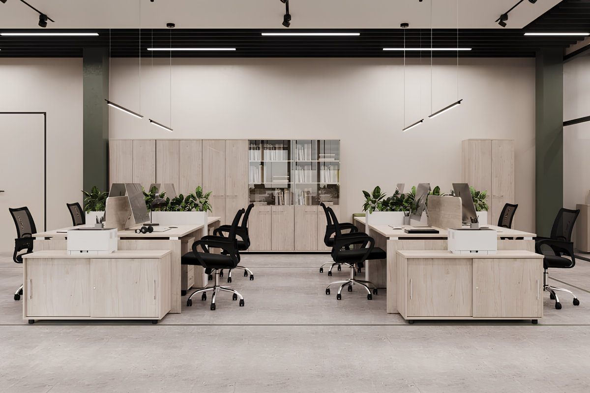 Тумбы на колесиках и столы с перегородками для создания эргономичных рабочих мест. 