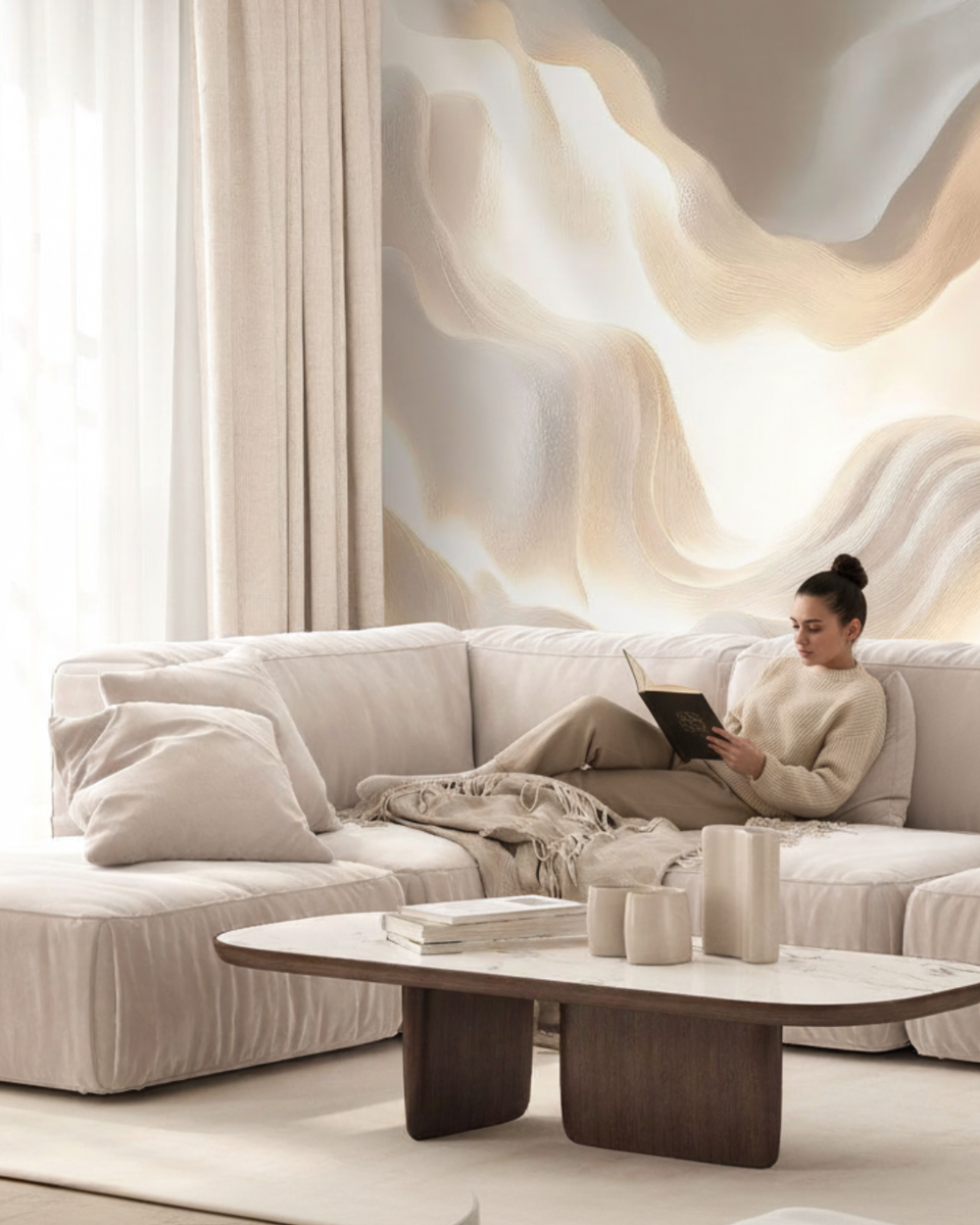 Пример интерьера с мягким тёплым освещением. Отделка стены - флизелиновые фотообои VEROL. Артикул на WB: 40888055.