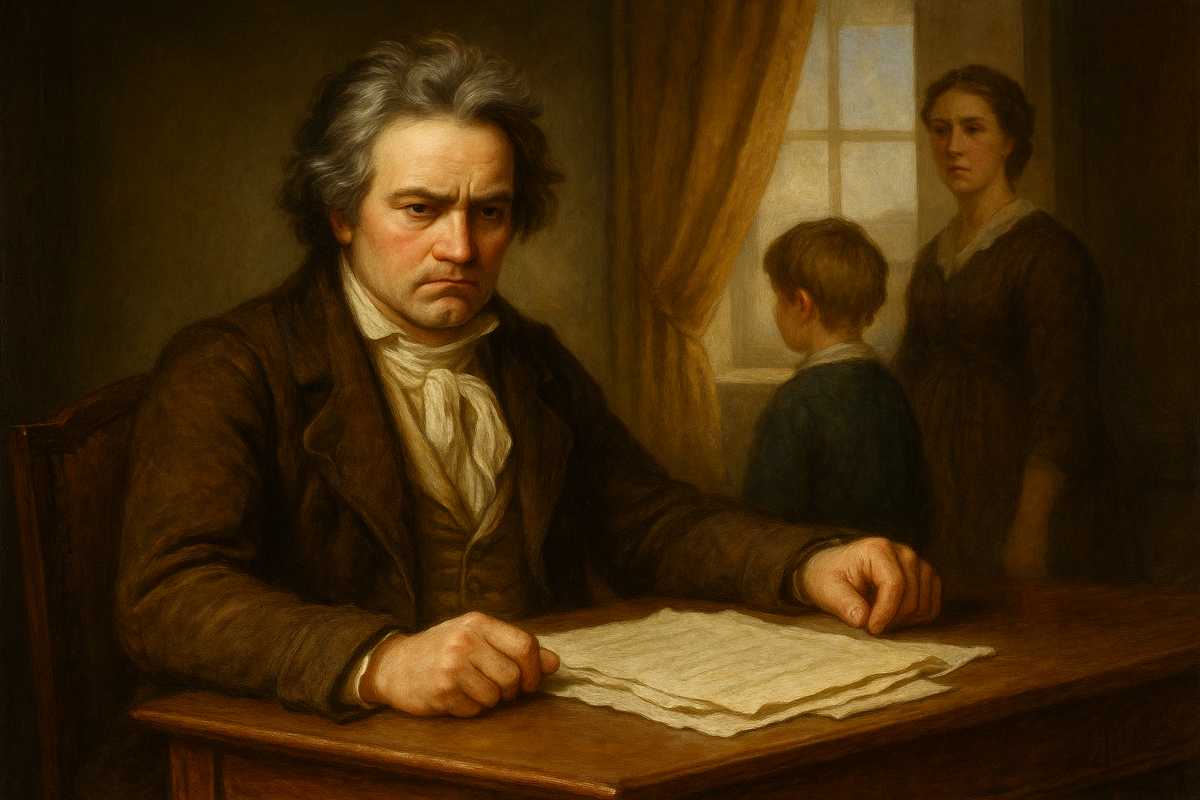 За спиной Бетховена уже сгущается семейный конфликт, который вскоре обернётся многолетней судебной войной за племянника.