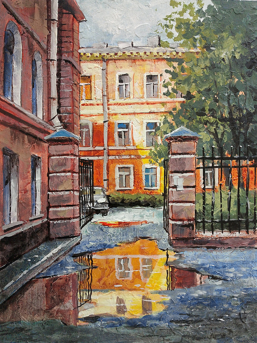 "Дворик после дождя" 30х40 см. Холст, акрил. Художник Александр Жиляев