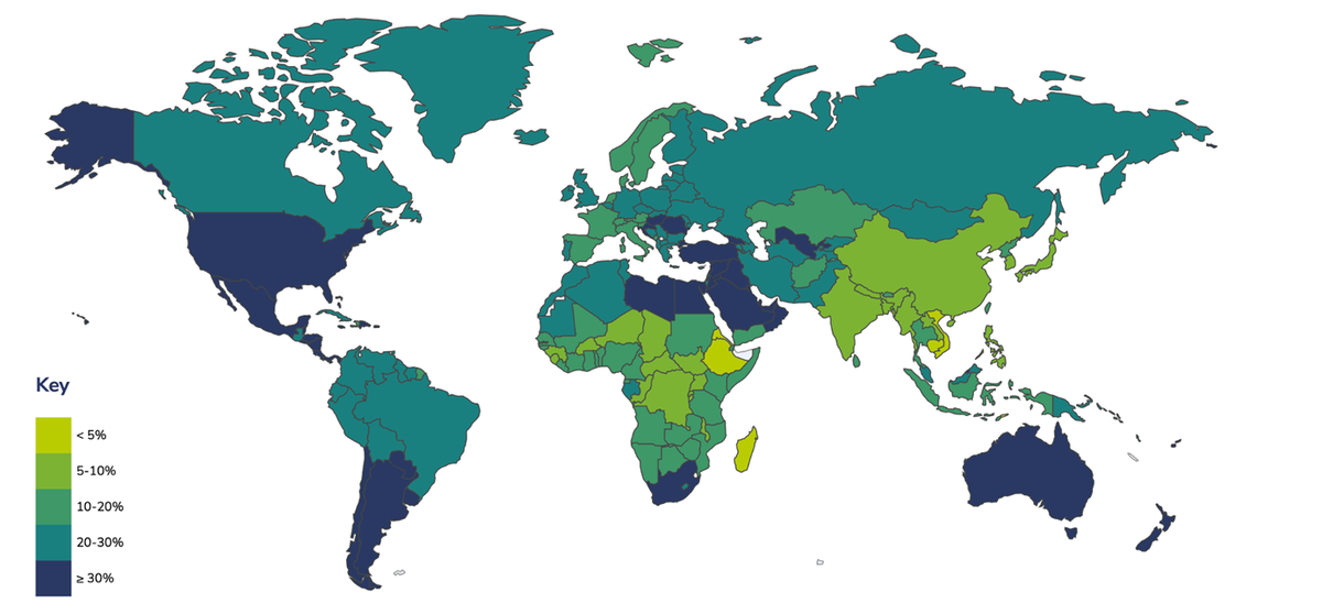 Глобальная распространенность ожирения (ИМТ≥ 30). Другие карты можно посмотреть на сайте Всемирной Федерации Ожирения.
